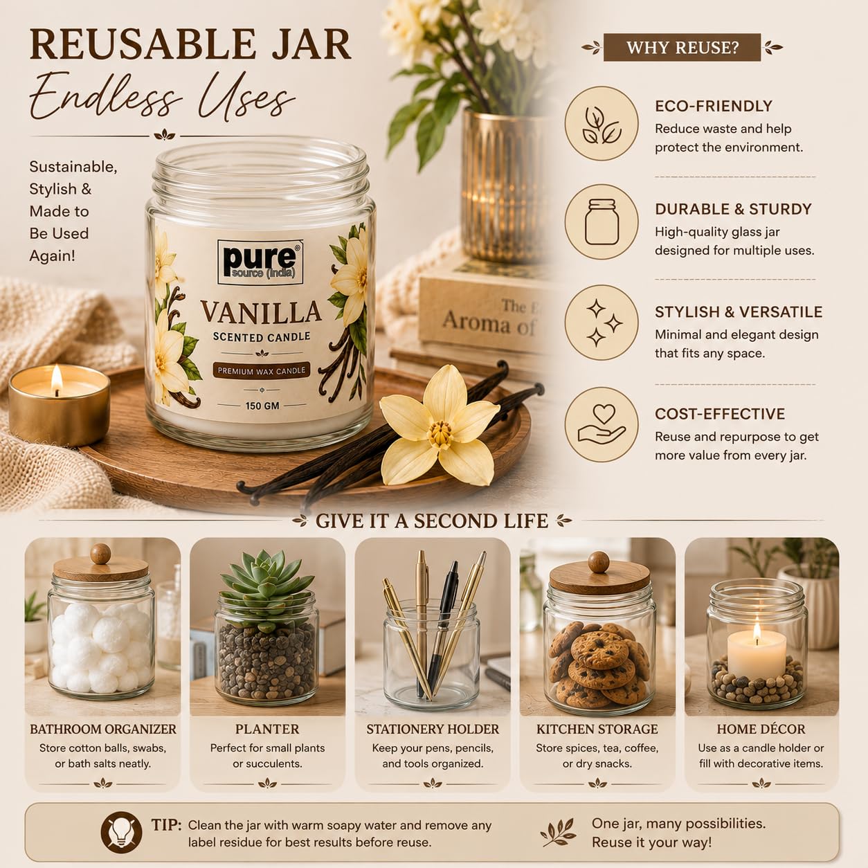Pure Source India Vanilla Scented Jar Candle | 150 GM | Premium Wax Candle | 35-40 Hours Burn Time | Aromatherapy Candle for Home Decor, Bedroom, Spa, Meditation & Gift