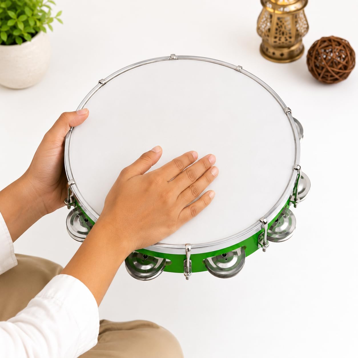 Pure Source India 10 Inch Dapli Handheld Tambourine | Single Row Metal Jingles Percussion Instrument | Lightweight Musical Drum for Kids & Adults | Ideal for Bhajan, Kirtan, Pooja, Aarti, Garba & Cultural Events | Green