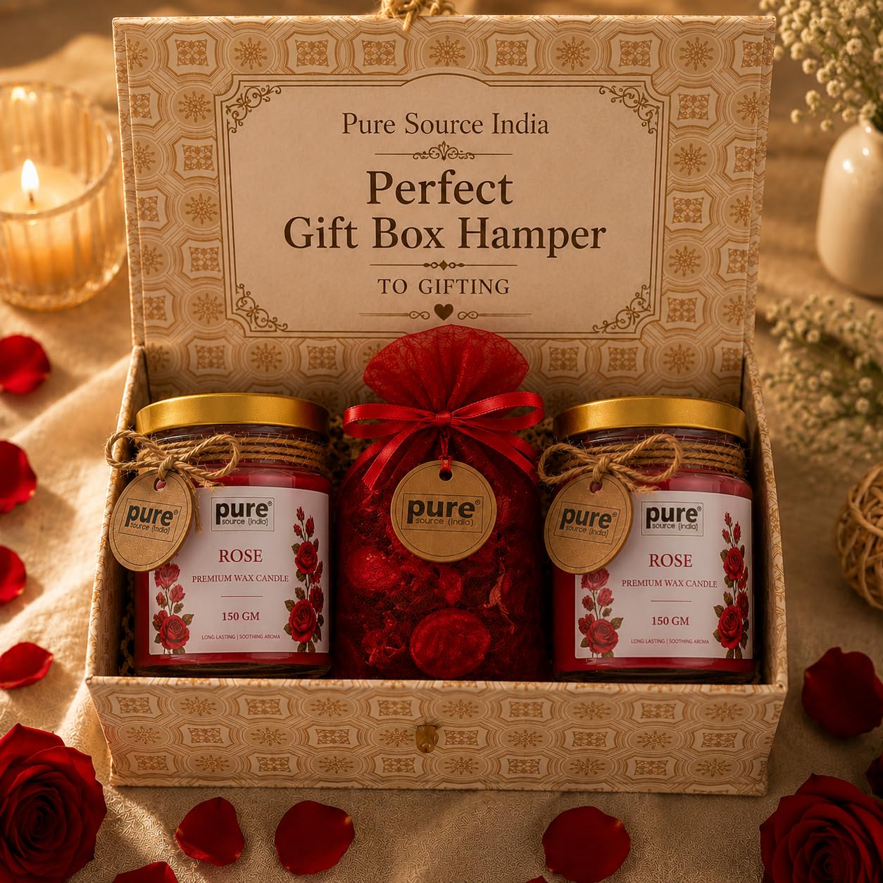 Pure Source India Luxury Festive Gift Box Hamper with Rose Scented Candles & Red Potpourri| Premium Gift Set