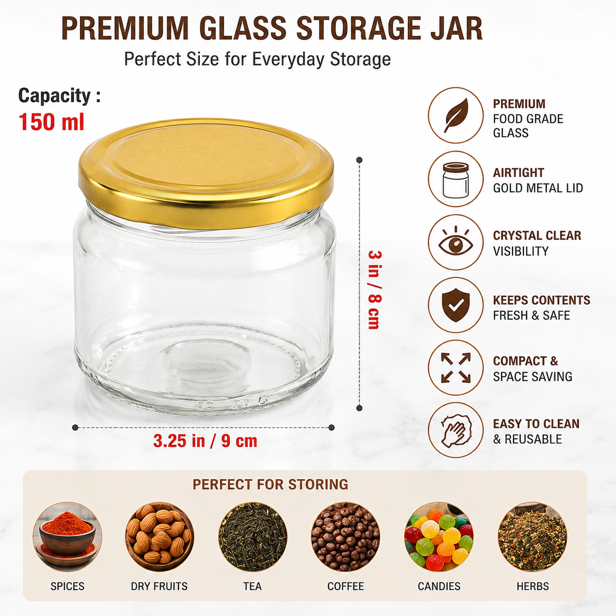 Pure Source India 150Gm Round Glass Container with Airtight and Rust-free Metal Lid - Led Free and Food Safe Jar