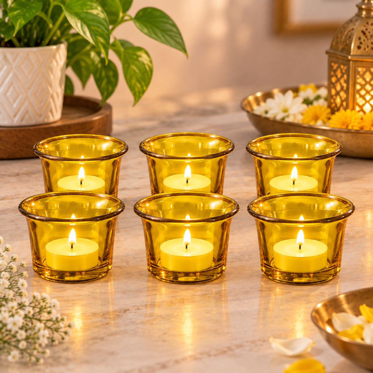 Pure Source India Yellow Makhan Votive Glass Tealight Candle Holder Set of 6 With Tealight for Diwali, Pooja, Rangoli & Home Décor