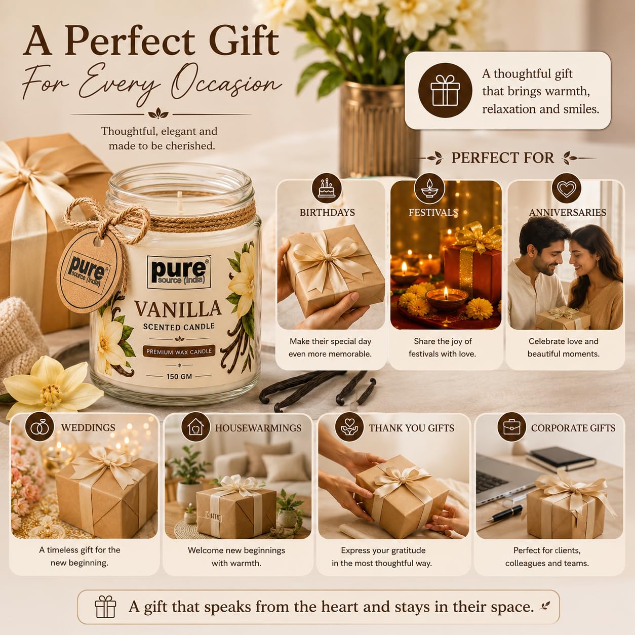 Pure Source India Vanilla Scented Jar Candle | 150 GM | Premium Wax Candle | 35-40 Hours Burn Time | Aromatherapy Candle for Home Decor, Bedroom, Spa, Meditation & Gift
