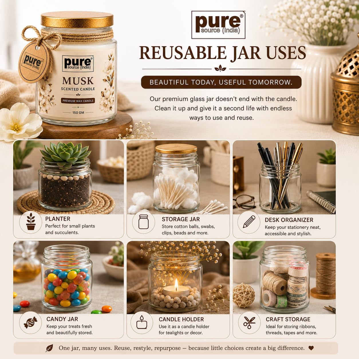 Pure Source India Premium Musk Scented Wax Candle, 150 g | Woody Fragrance | 35–40 Hours Burn Time | Smokeless & Long-Lasting Aromatherapy Candle for Home Decor, Meditation, Diwali, Yoga & Gifting