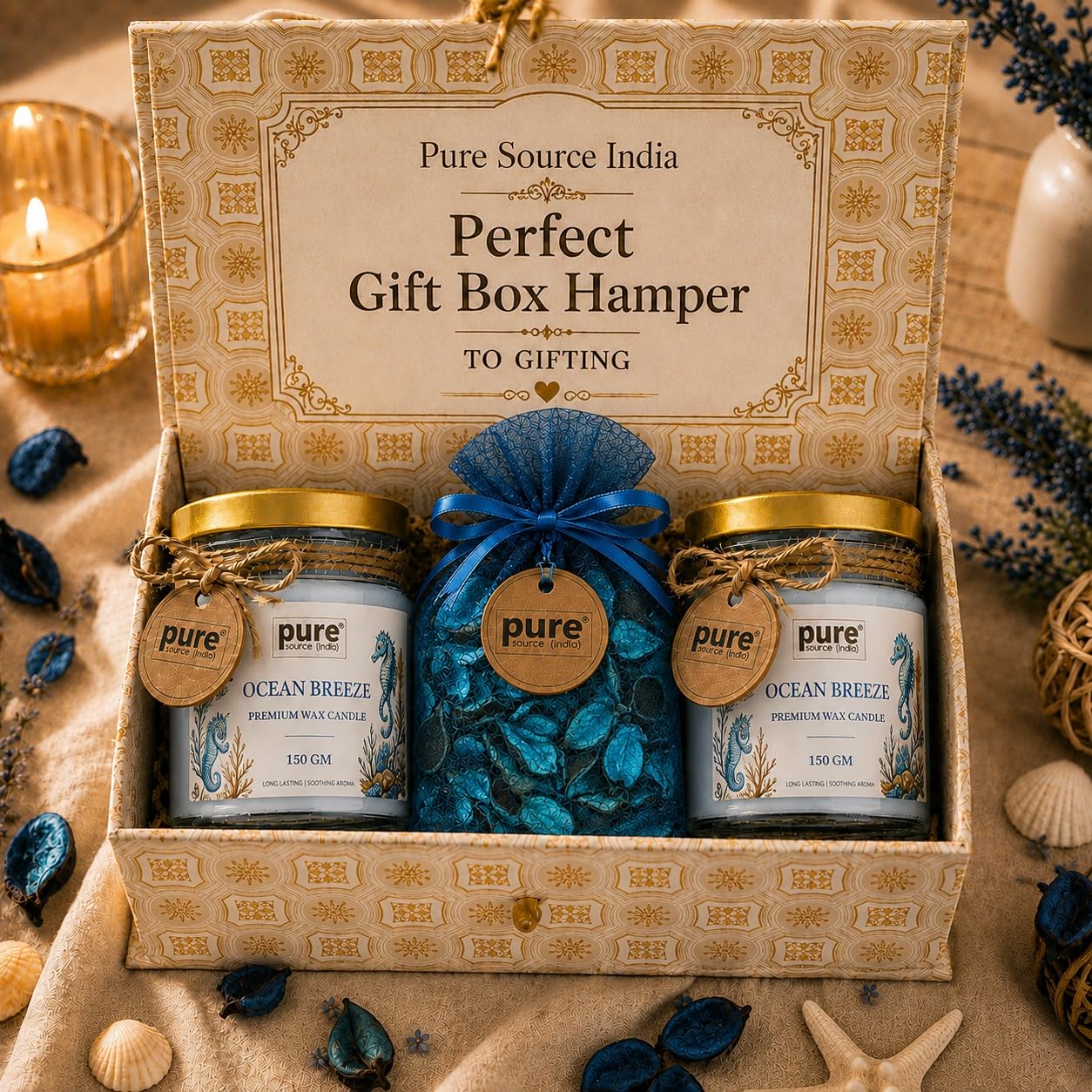 Pure Source India Luxury Festive Gift Box Hamper with Ocean Breeze Scented Candles & Blue Potpourri