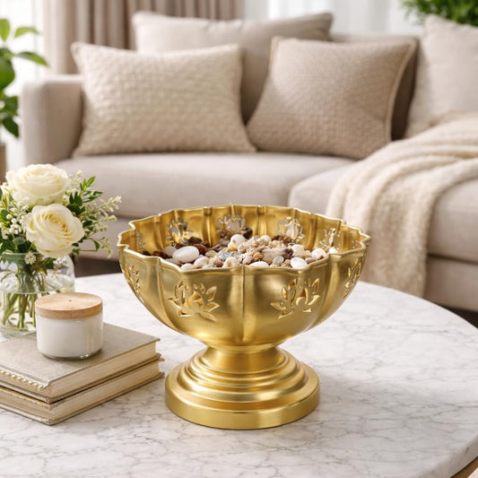 Pure Source India Metal Decorative Urli Bowl with Stand, 5.8 Inch | Floral Cutwork Design with Antique Gold Finish | Multipurpose Table Décor for Floating Flowers, Diyas, Pooja & Festivals