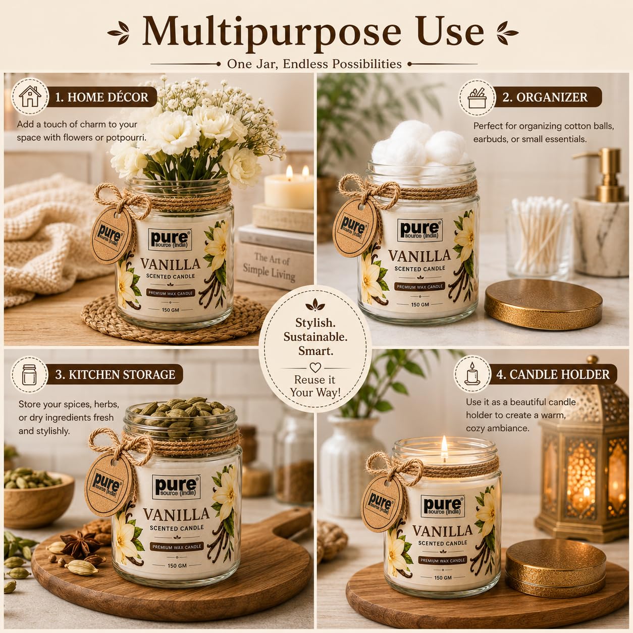 Pure Source India Vanilla Scented Jar Candle | 150 GM | Premium Wax Candle | 35-40 Hours Burn Time | Aromatherapy Candle for Home Decor, Bedroom, Spa, Meditation & Gift
