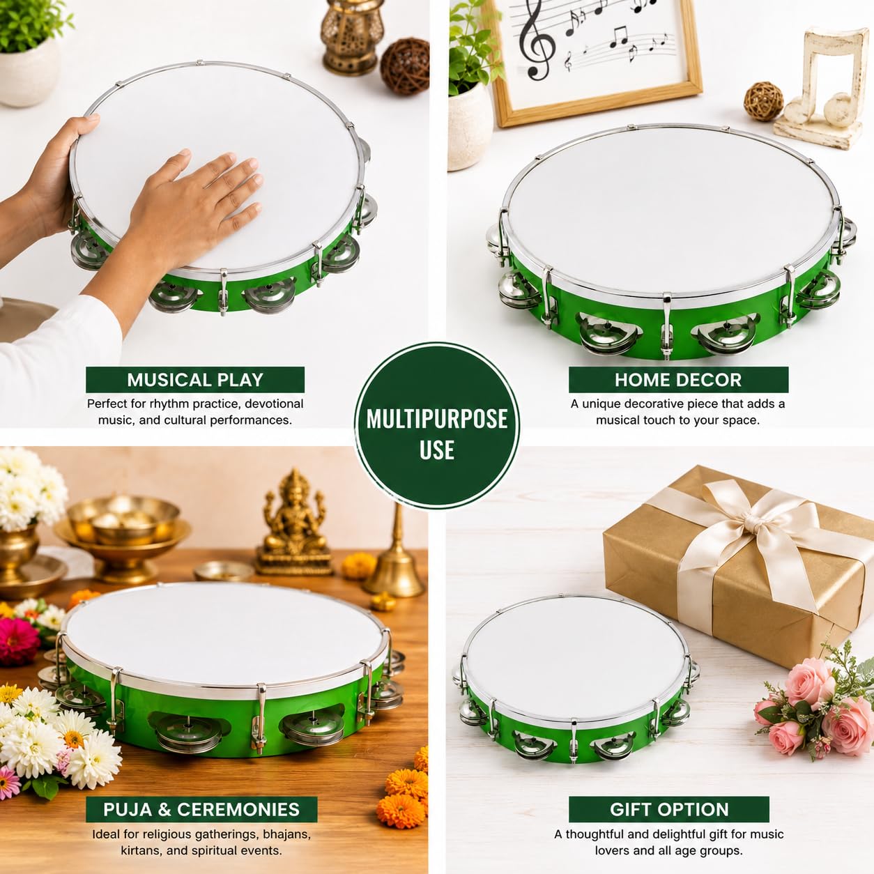Pure Source India 10 Inch Dapli Handheld Tambourine | Single Row Metal Jingles Percussion Instrument | Lightweight Musical Drum for Kids & Adults | Ideal for Bhajan, Kirtan, Pooja, Aarti, Garba & Cultural Events | Green