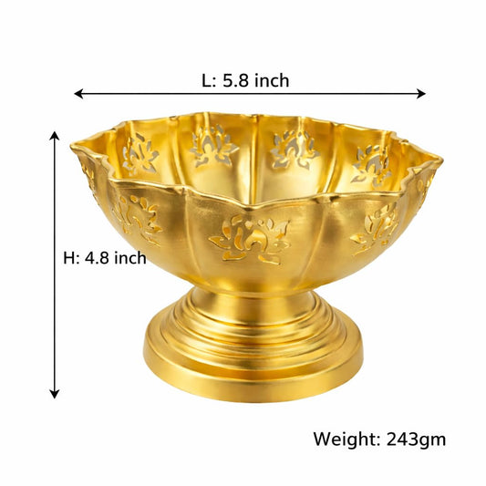 Pure Source India Metal Decorative Urli Bowl with Stand, 5.8 Inch | Floral Cutwork Design with Antique Gold Finish | Multipurpose Table Décor for Floating Flowers, Diyas, Pooja & Festivals