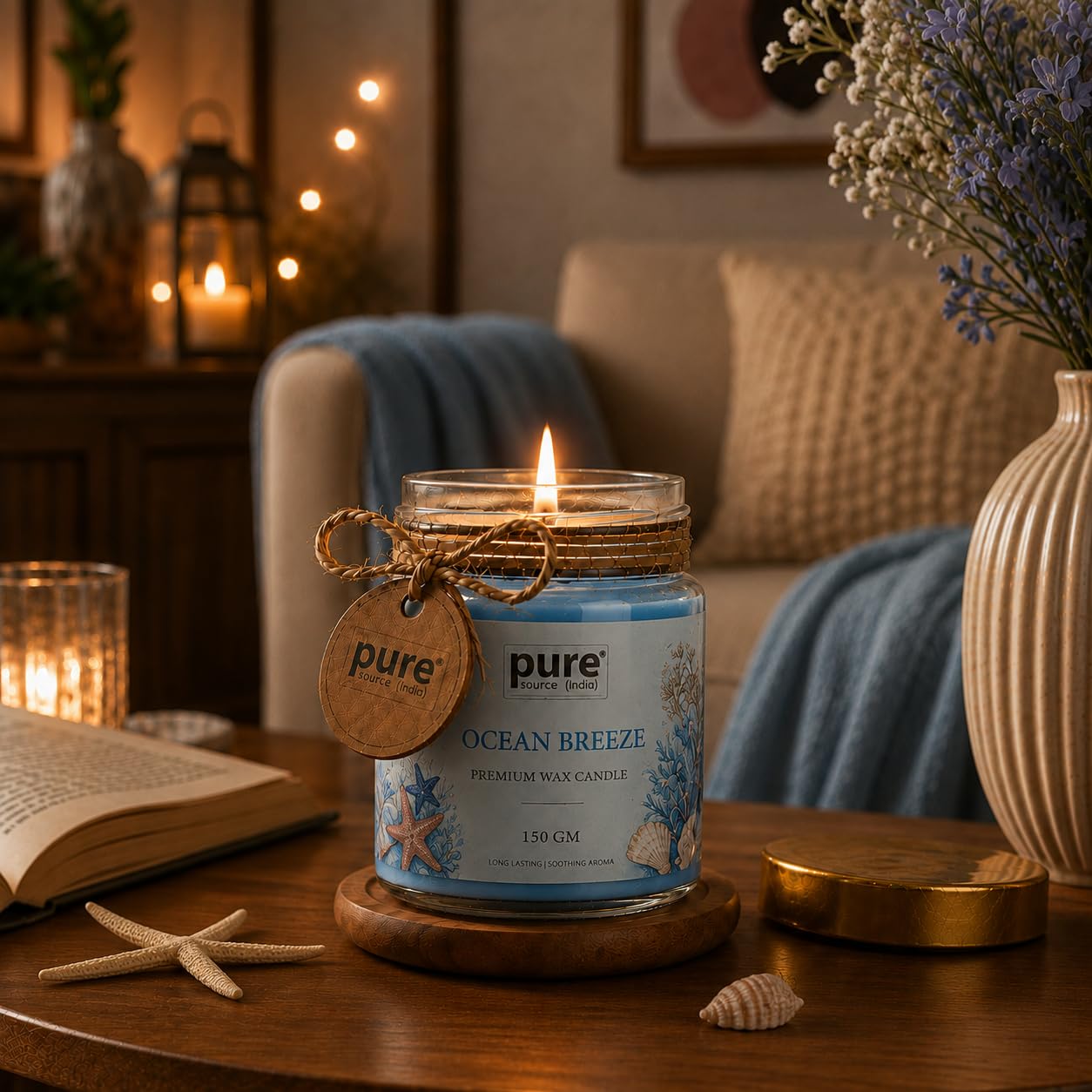 Pure Source India Luxury Festive Gift Box Hamper with Ocean Breeze Scented Candles & Blue Potpourri