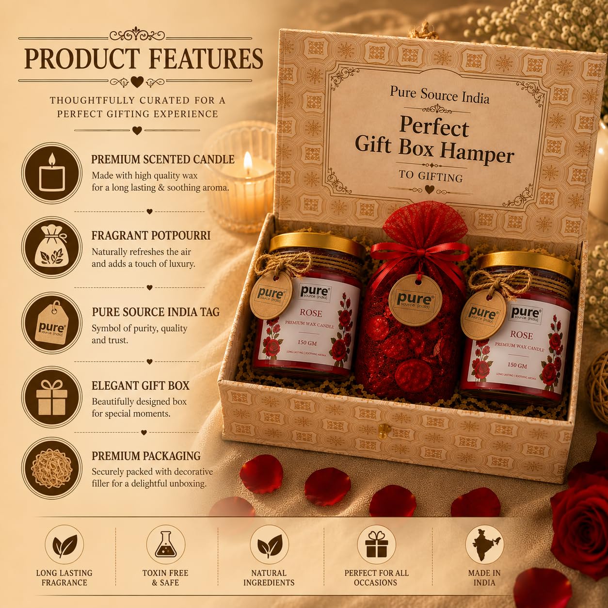 Pure Source India Luxury Festive Gift Box Hamper with Rose Scented Candles & Red Potpourri| Premium Gift Set