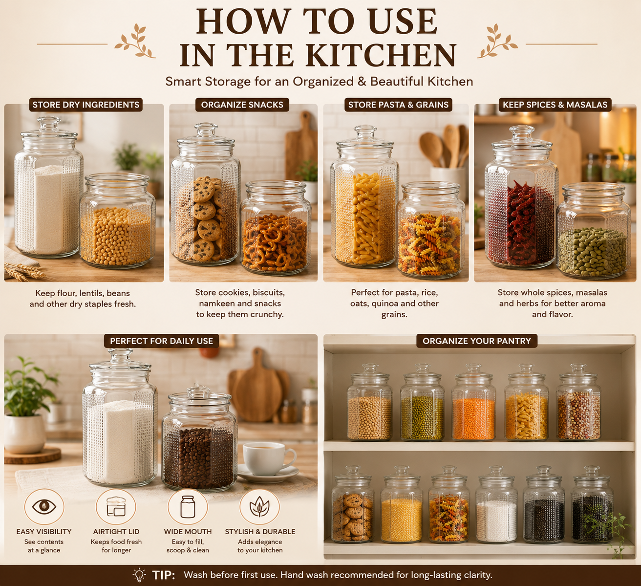 Pure Source India 2 Ltr Glass Jar Container With Air Tight Lid, Capacity  Suitable Dry Fruits, Snacks, Pulses, Beans Clear