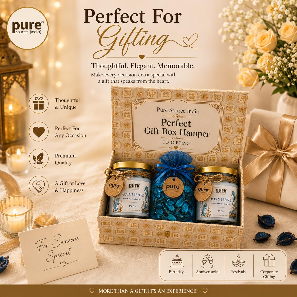 Pure Source India Luxury Festive Gift Box Hamper with Ocean Breeze Scented Candles & Blue Potpourri