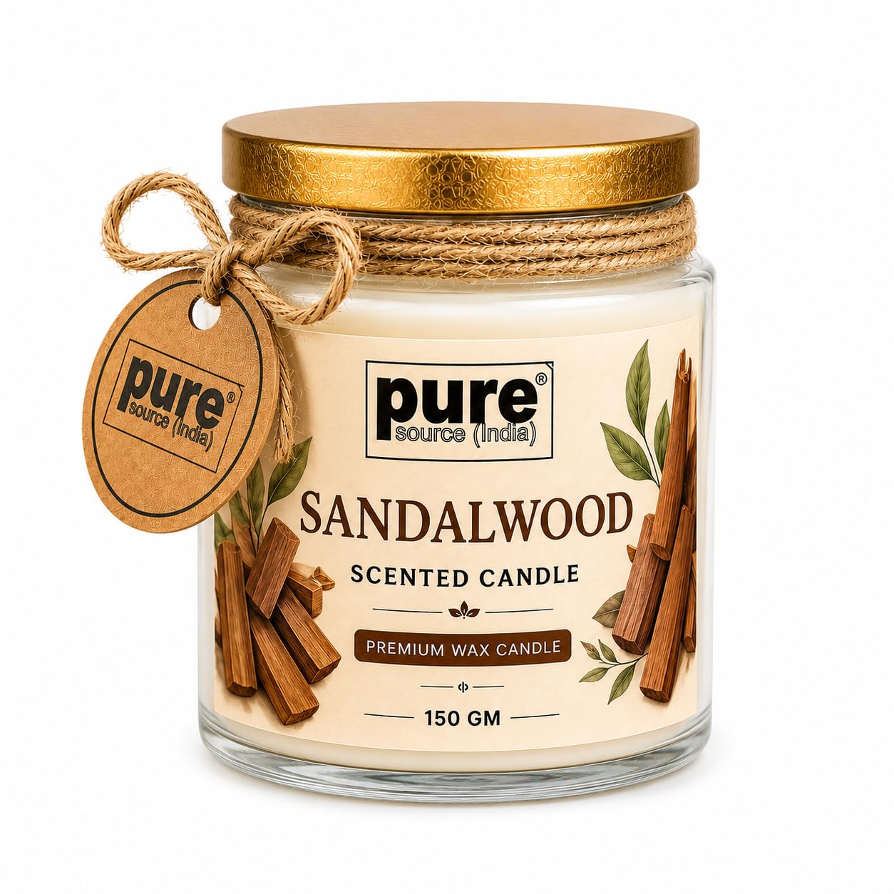 Pure Source India Premium Sandalwood Scented Wax Candle, 150 g | Woody Fragrance | 35–40 Hours Burn Time | Smokeless & Long-Lasting Aromatherapy Candle for Home Decor, Meditation, Diwali, Yoga & Gifting