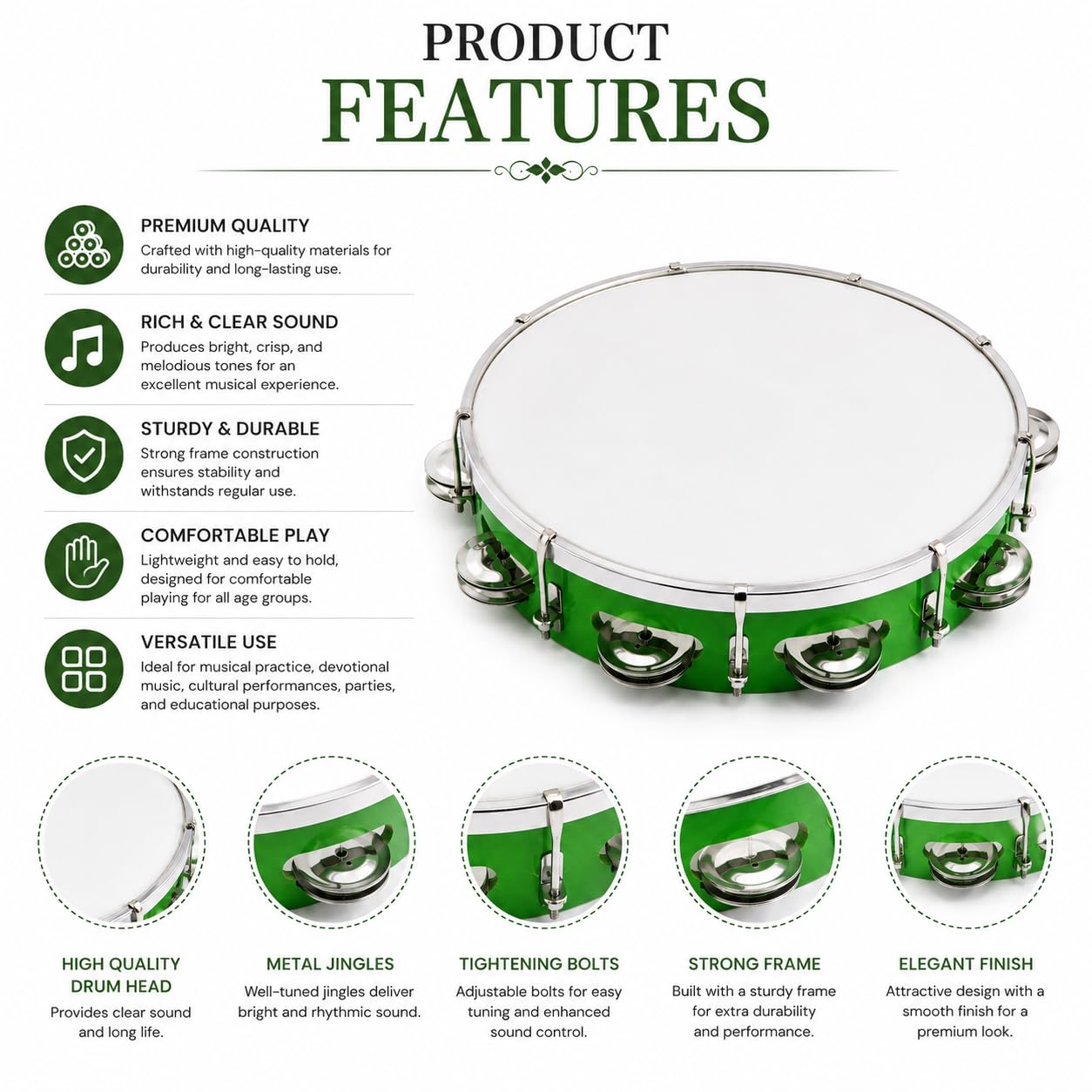Pure Source India 10 Inch Dapli Handheld Tambourine | Single Row Metal Jingles Percussion Instrument | Lightweight Musical Drum for Kids & Adults | Ideal for Bhajan, Kirtan, Pooja, Aarti, Garba & Cultural Events | Green