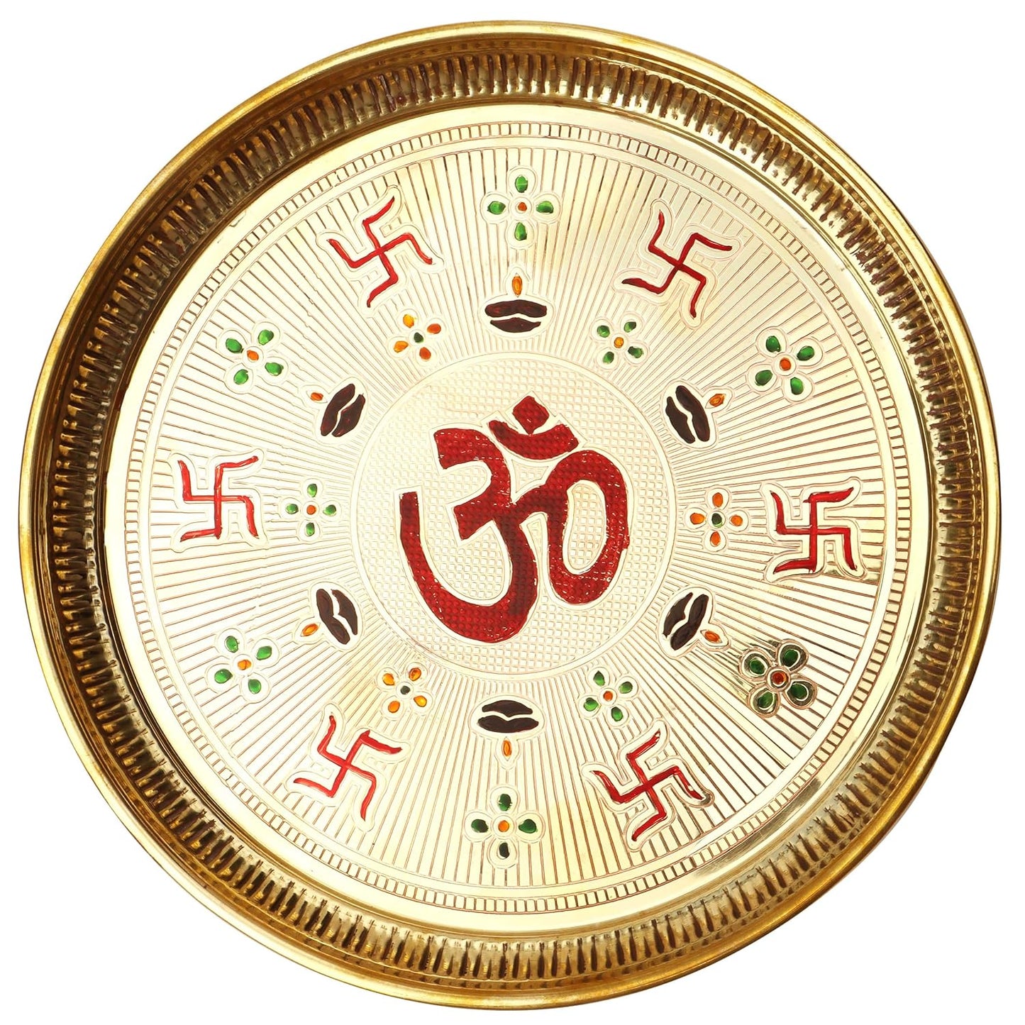 Pure Source India Brass OM & Swastik Design Pooja Thali, 10 Inch Golden Brass Puja Plate | Traditional Aarti Thali for Home Mandir, Diwali, Festivals, Wedding, Housewarming & Religious Ceremonies