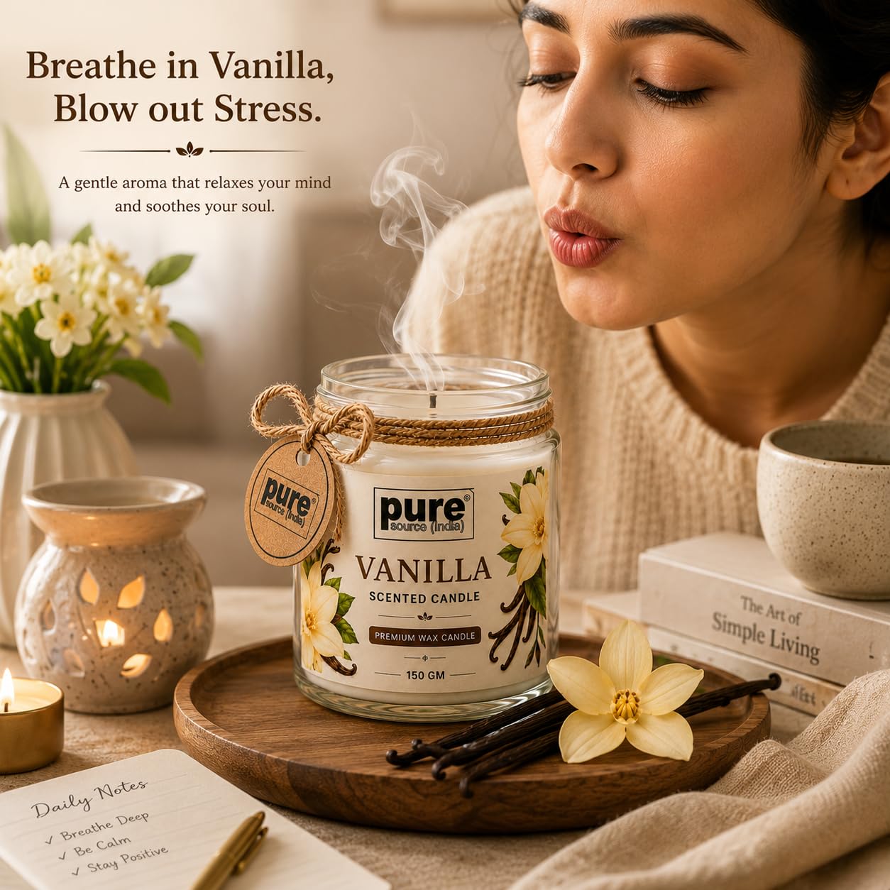 Pure Source India Vanilla Scented Jar Candle | 150 GM | Premium Wax Candle | 35-40 Hours Burn Time | Aromatherapy Candle for Home Decor, Bedroom, Spa, Meditation & Gift