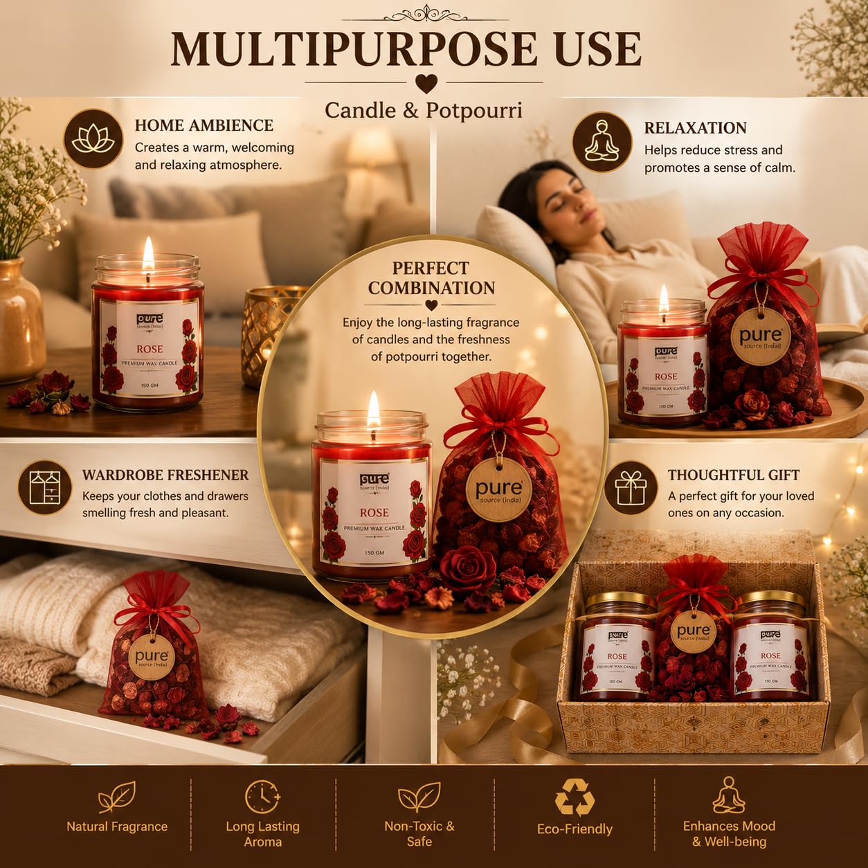 Pure Source India Luxury Festive Gift Box Hamper with Rose Scented Candles & Red Potpourri| Premium Gift Set