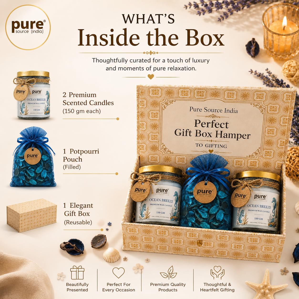 Pure Source India Luxury Festive Gift Box Hamper with Ocean Breeze Scented Candles & Blue Potpourri