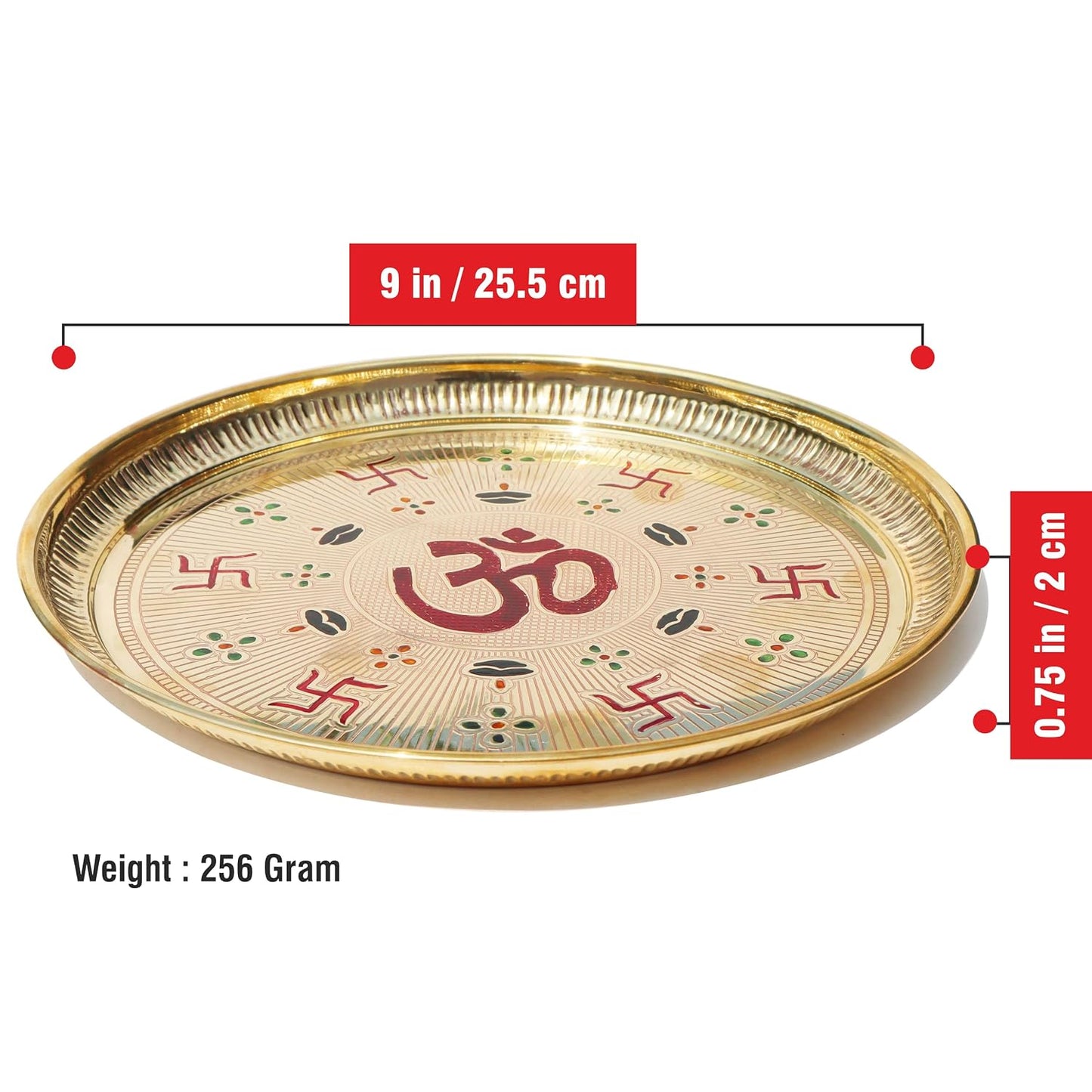Pure Source India Brass OM & Swastik Design Pooja Thali, 10 Inch Golden Brass Puja Plate | Traditional Aarti Thali for Home Mandir, Diwali, Festivals, Wedding, Housewarming & Religious Ceremonies