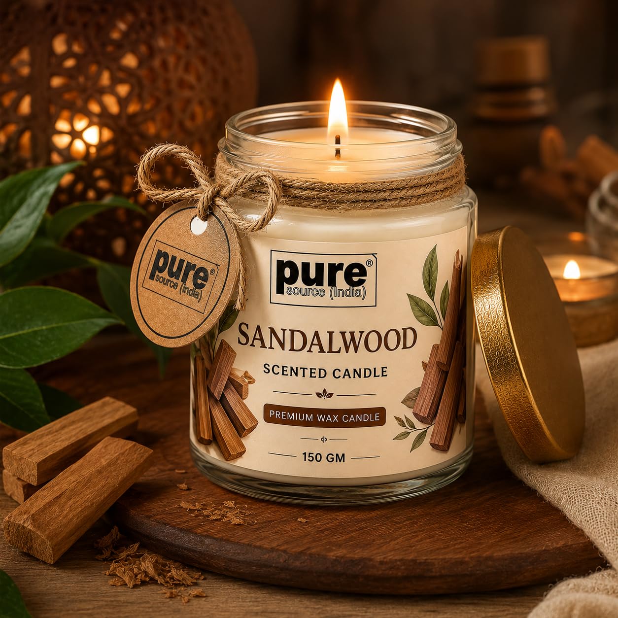 Pure Source India Premium Sandalwood Scented Wax Candle, 150 g | Woody Fragrance | 35–40 Hours Burn Time | Smokeless & Long-Lasting Aromatherapy Candle for Home Decor, Meditation, Diwali, Yoga & Gifting