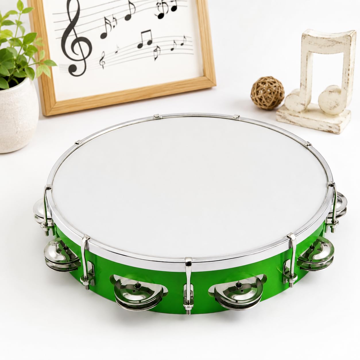 Pure Source India 10 Inch Dapli Handheld Tambourine | Single Row Metal Jingles Percussion Instrument | Lightweight Musical Drum for Kids & Adults | Ideal for Bhajan, Kirtan, Pooja, Aarti, Garba & Cultural Events | Green