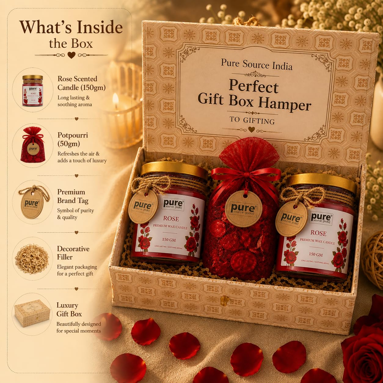 Pure Source India Luxury Festive Gift Box Hamper with Rose Scented Candles & Red Potpourri| Premium Gift Set