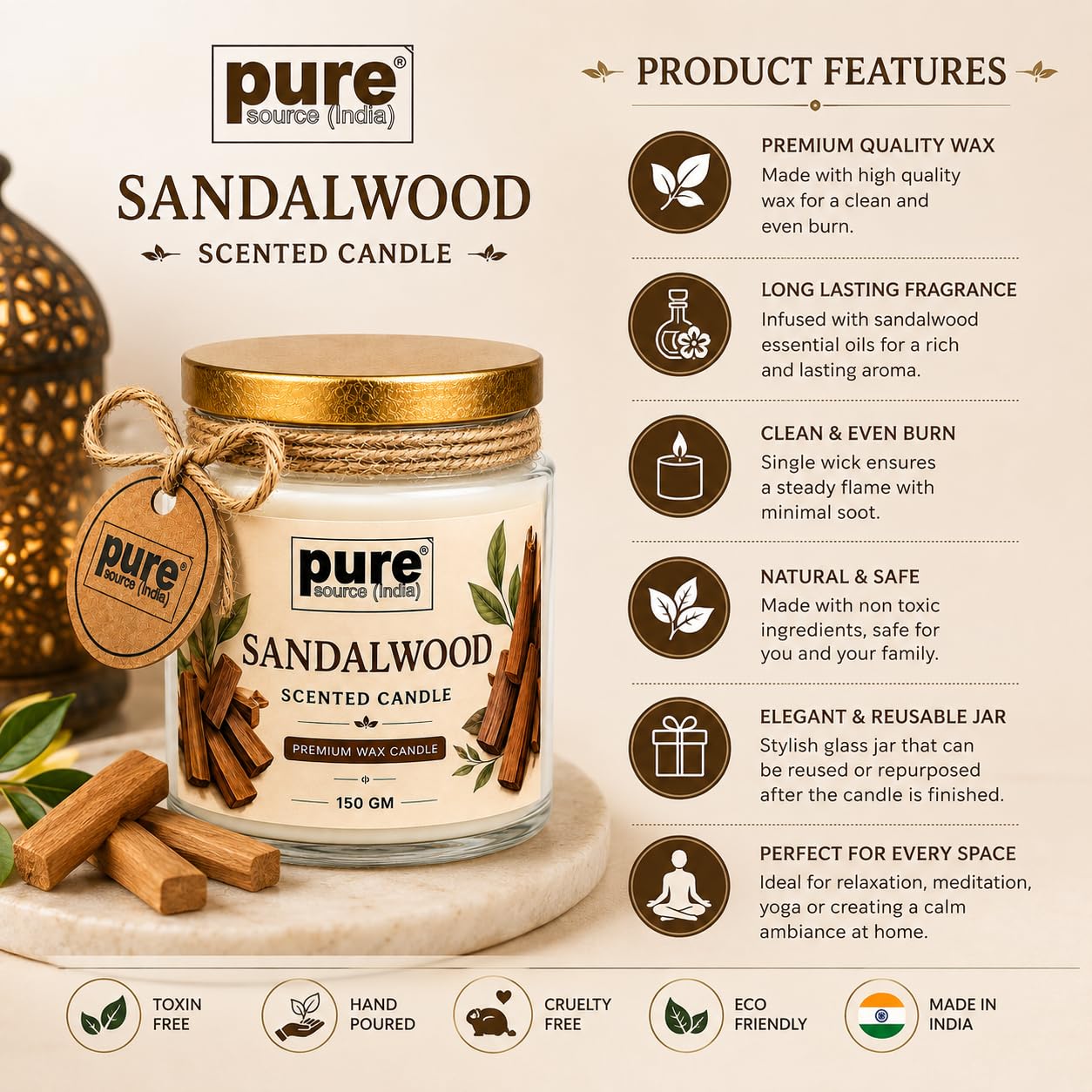 Pure Source India Premium Sandalwood Scented Wax Candle, 150 g | Woody Fragrance | 35–40 Hours Burn Time | Smokeless & Long-Lasting Aromatherapy Candle for Home Decor, Meditation, Diwali, Yoga & Gifting