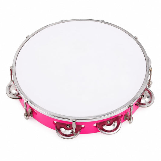 Pure Source India 10 Inch Dapli/Handheld Tambourine | Single Row Metal Jingles Percussion Instrument | Lightweight Musical Drum for Kids & Adults | Ideal for Bhajan, Kirtan, Pooja & Aarti (Pink)