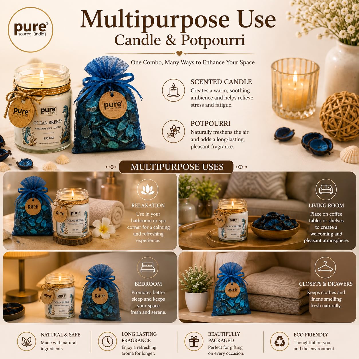 Pure Source India Luxury Festive Gift Box Hamper with Ocean Breeze Scented Candles & Blue Potpourri