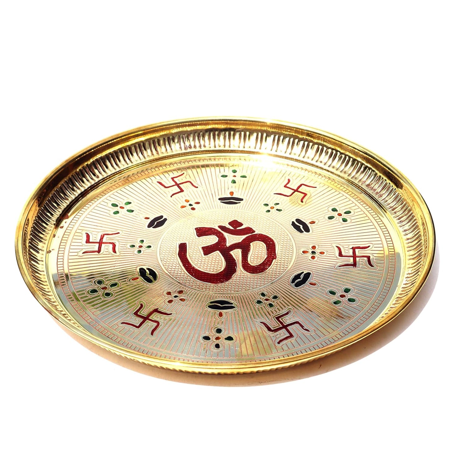 Pure Source India Brass OM & Swastik Design Pooja Thali, 10 Inch Golden Brass Puja Plate | Traditional Aarti Thali for Home Mandir, Diwali, Festivals, Wedding, Housewarming & Religious Ceremonies