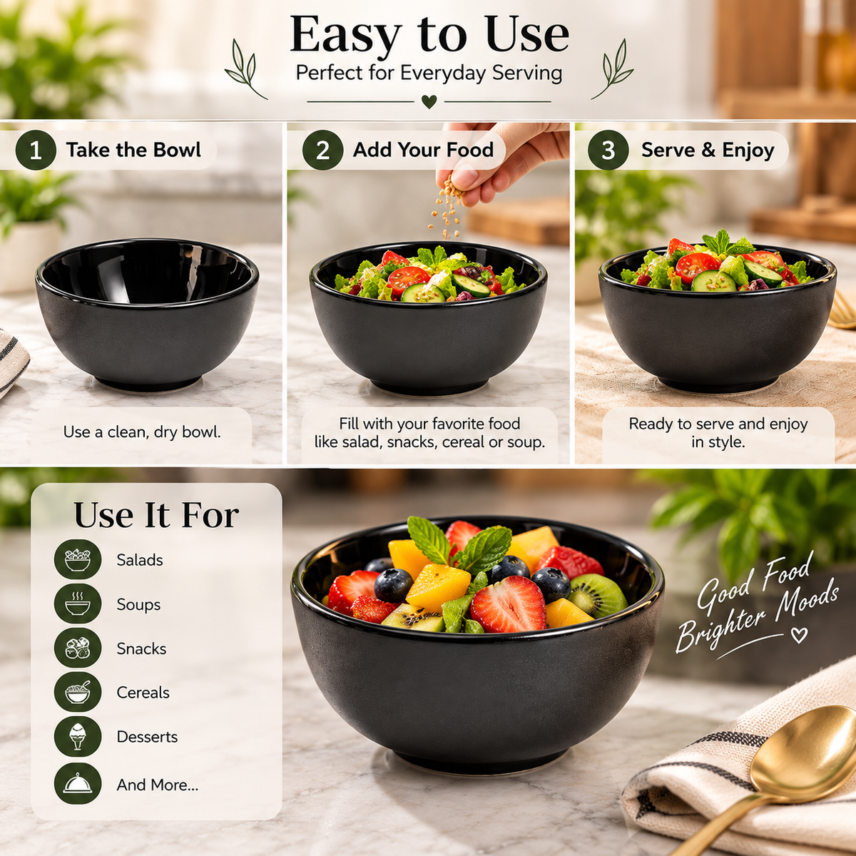 Pure Source India 200ml Black Ceramic Bowl for Serving & Dining | Premium Ceramic Serving Bowl | Food-Safe Kitchen Bowl