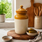 Pure Source India Ceramic Pickle Jar with Lid -Ivory and Brown