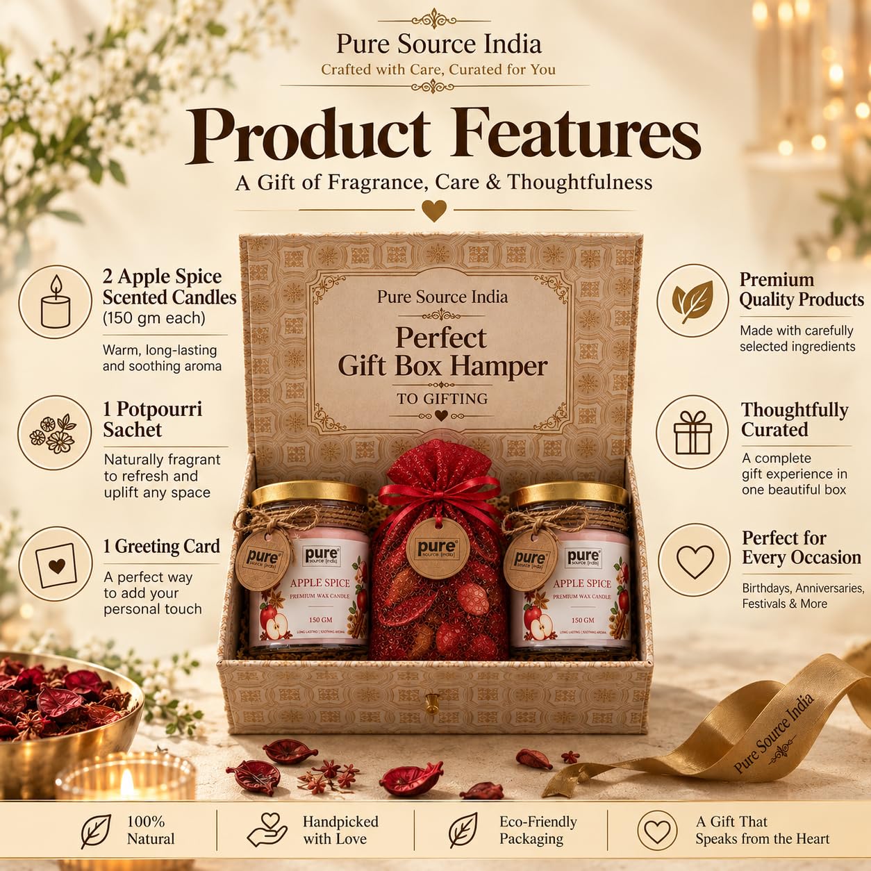 Pure Source India Luxury Festive Gift Box Hamper with Apple Spice Scented Candles & Red Potpourri