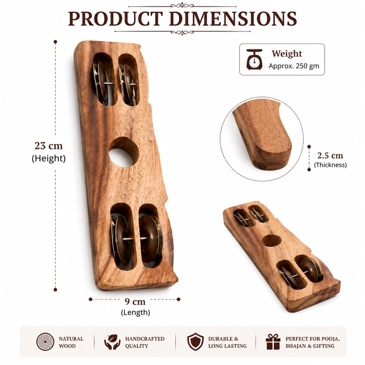 Pure Source India Wooden Kartal Handheld Jingle Bell Musical Instrument Pack of 2 | 4 Stainless Steel Bells | Natural Wood Percussion Shaker for Bhajan, Kirtan, Pooja, Aarti, Meditation & Devotional Music