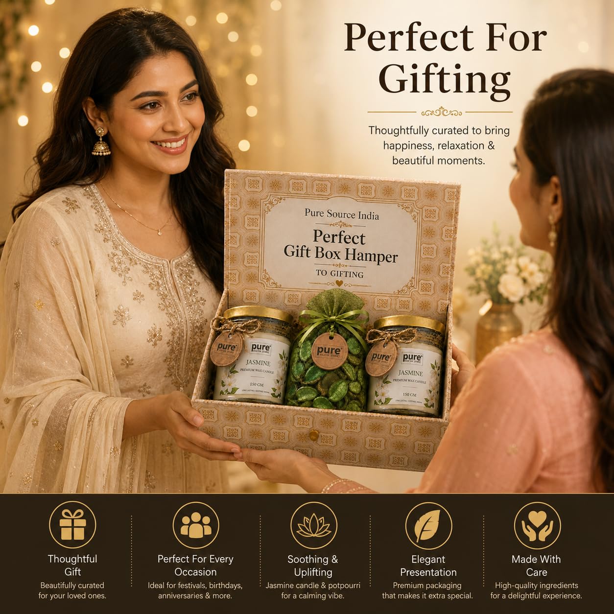 Pure Source India Luxury Festive Gift Box Hamper with Jasmine Scented Candles & Green Potpourri| Premium Gift Set