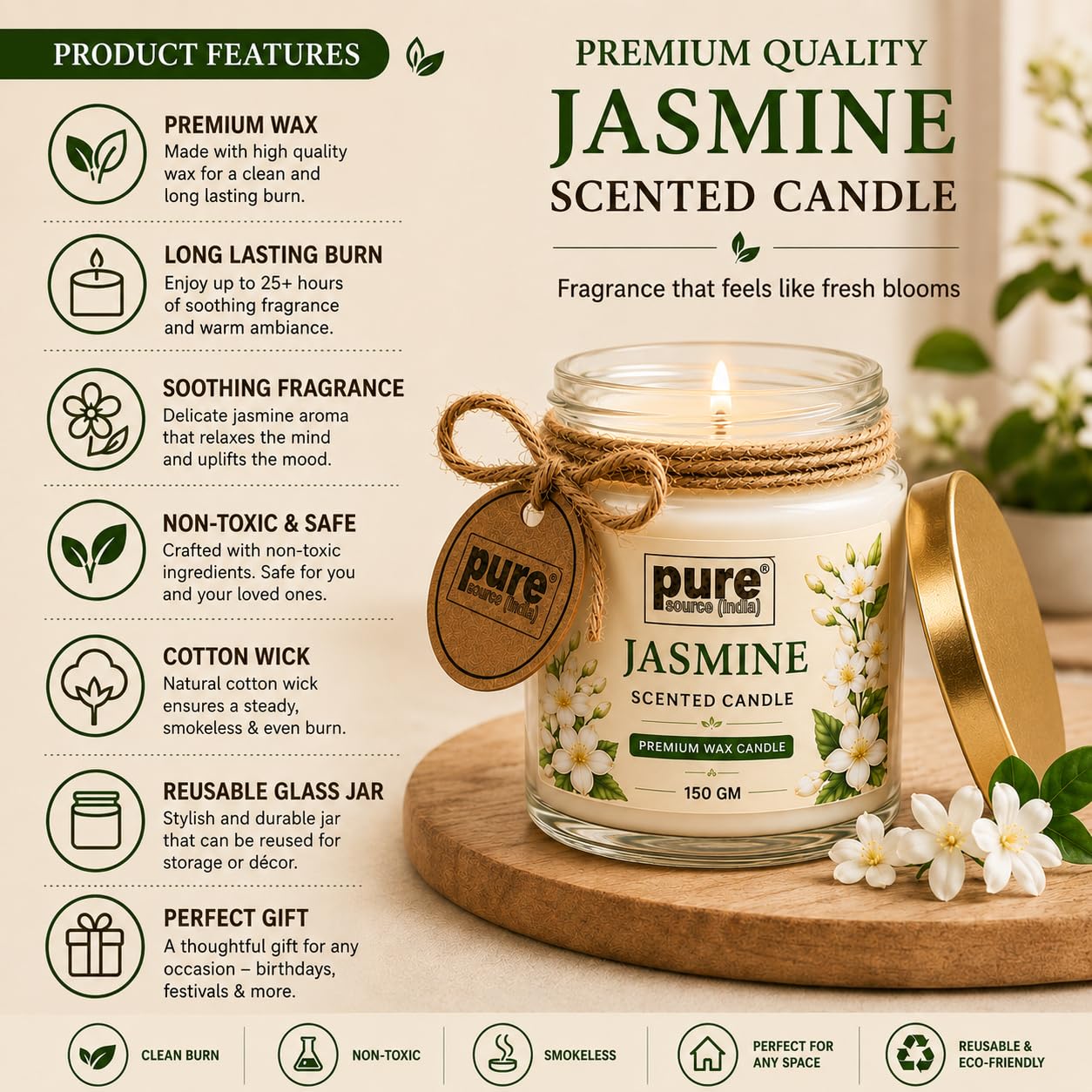 Pure Source India Jasmine Scented Jar Candle | 150 GM | Premium Wax Candle | 35-40 Hours Burn Time | Aromatherapy Candle for Home Decor, Bedroom, Spa, Meditation & Gift