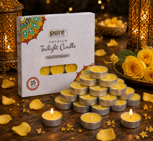 Pure Source India Scented Sandalwood Tea Light Candles Pack of 25 | Fragrance Tealights for Home Decor, Meditation, Pooja, Diwali, Parties & Aromatherapy | Long-Lasting Decorative Candles