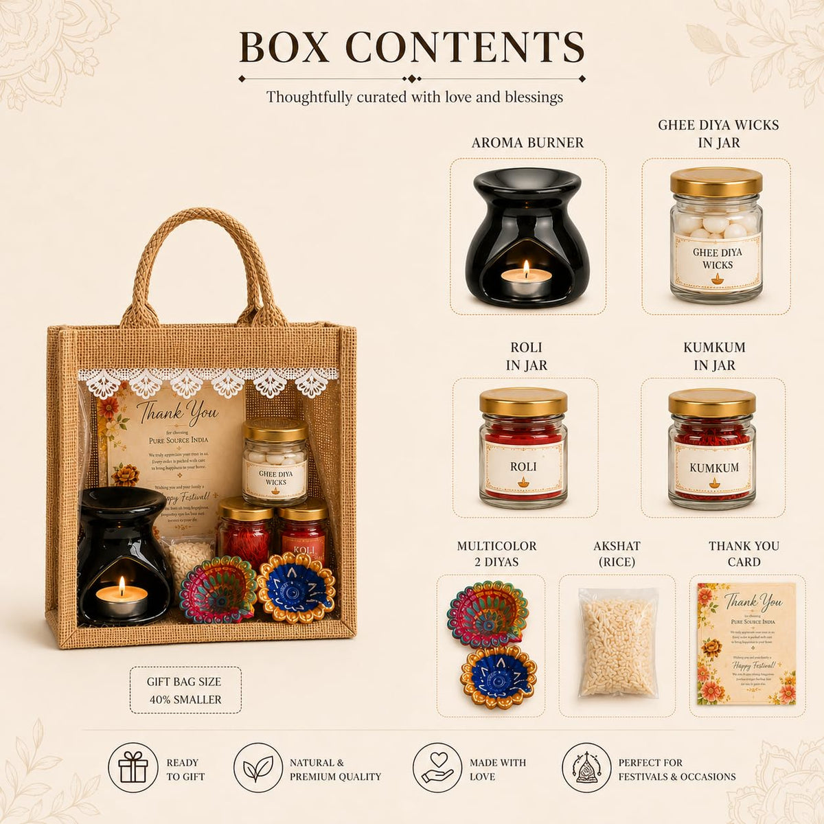 Pure Source India Diwali Pooja Gift Set with Roli Kumkum & Ghee Wicks (Black)