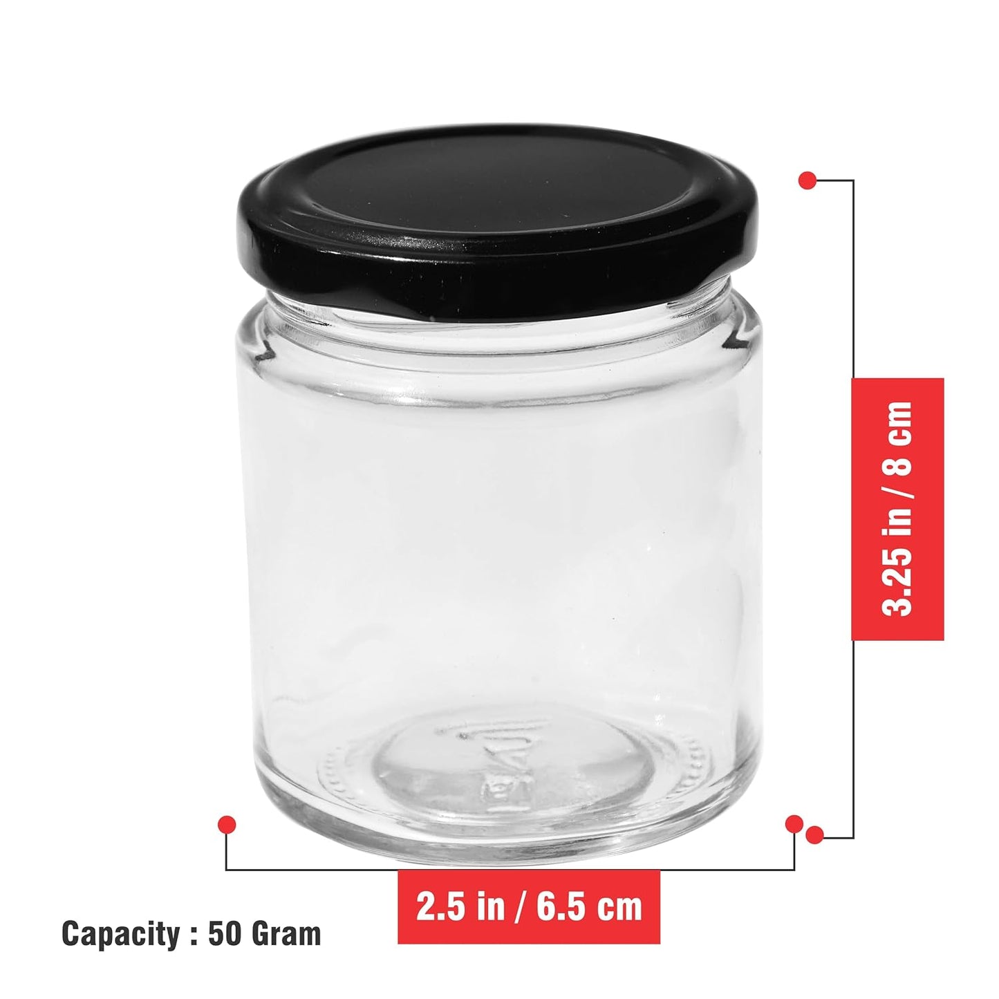 Pure Source India 50 g Crystal Clear Round Glass Jar with Black Cap, Set of 24 | Airtight Food-Grade Storage Container | Rust-Free Jar for Spices, Dry Fruits, Sugar, Tea, Coffee & Kitchen Storage
