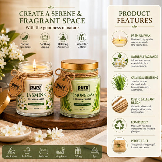 Pure Source India Scented Jar Candle Set of 2 (Jasmine & Lemongrass) | 150 g Each | Premium Wax Candles | 35–40 Hours Burn Time | Aromatherapy Candles for Home Decor, Diwali, Bedroom, Spa & Gifting