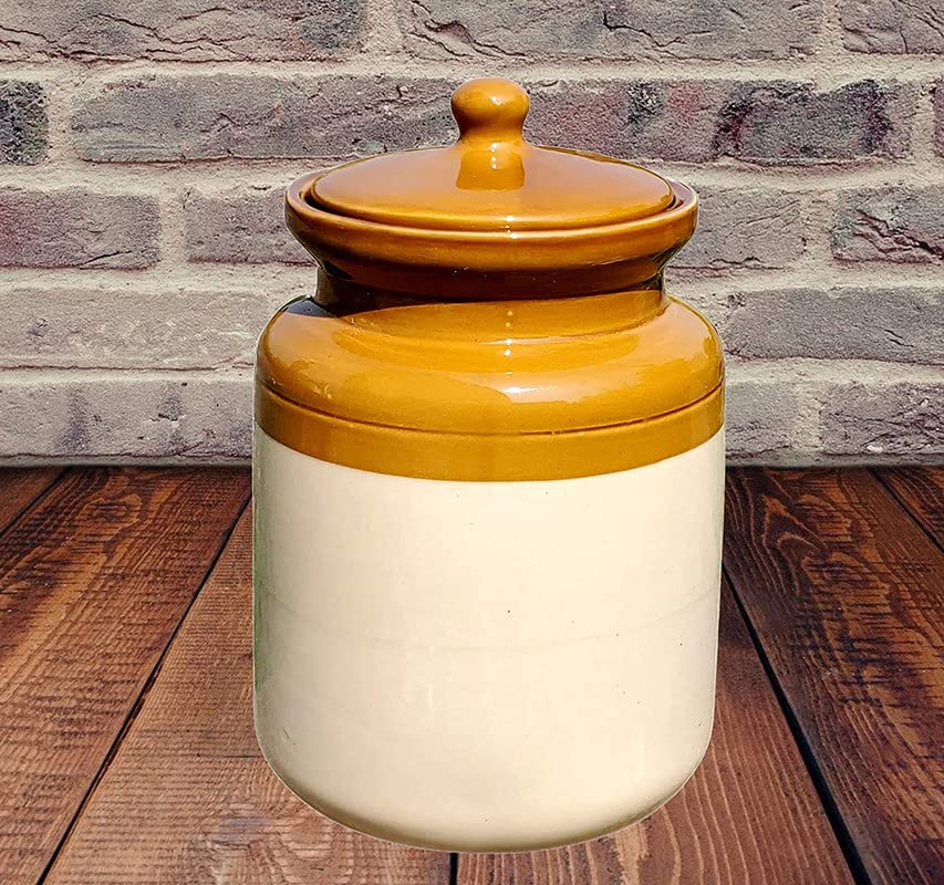 Pure Source India Ceramic Pickle Jar with Lid - 1 Piece, Ivory and Brown