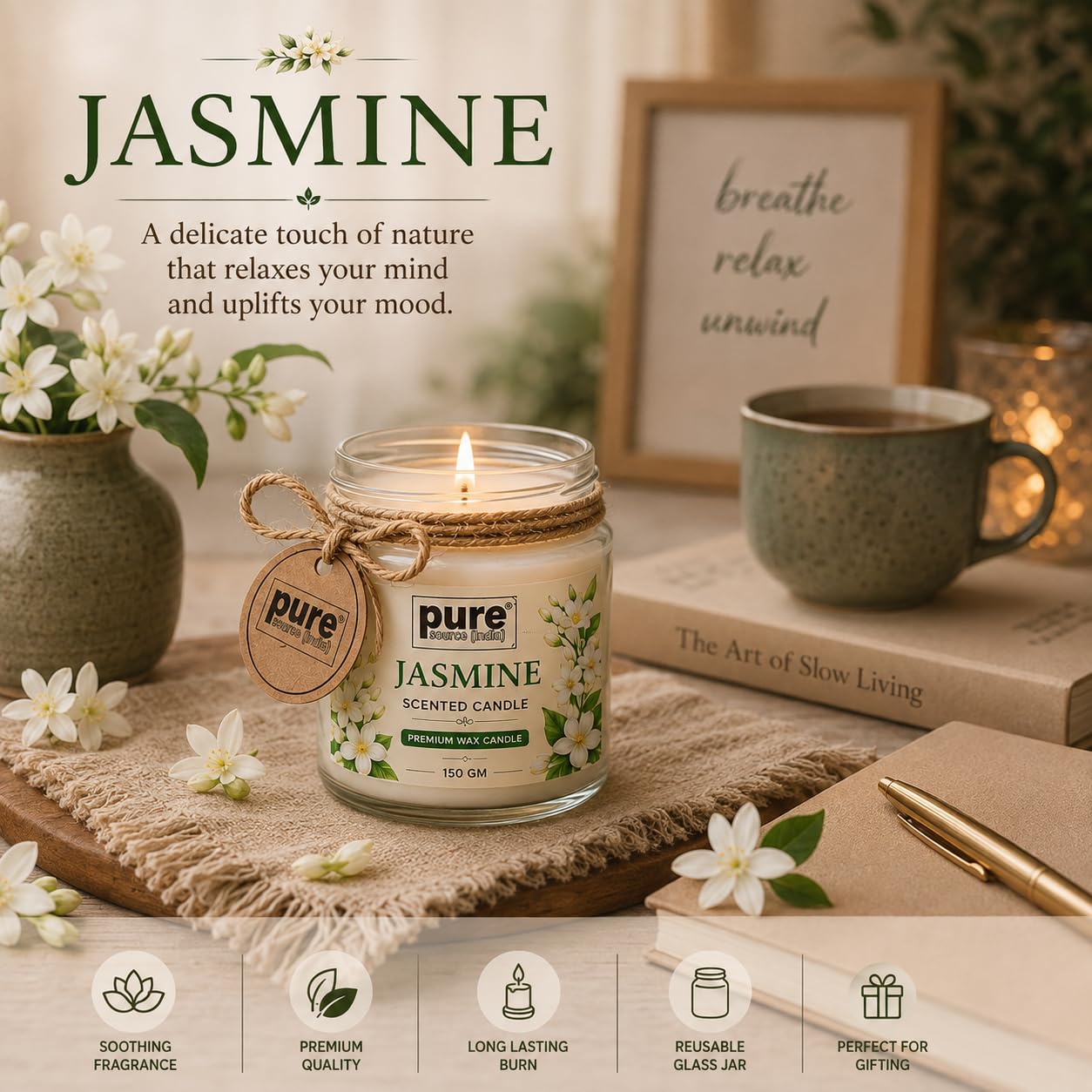 Pure Source India Jasmine Scented Jar Candle | 150 GM | Premium Wax Candle | 35-40 Hours Burn Time | Aromatherapy Candle for Home Decor, Bedroom, Spa, Meditation & Gift