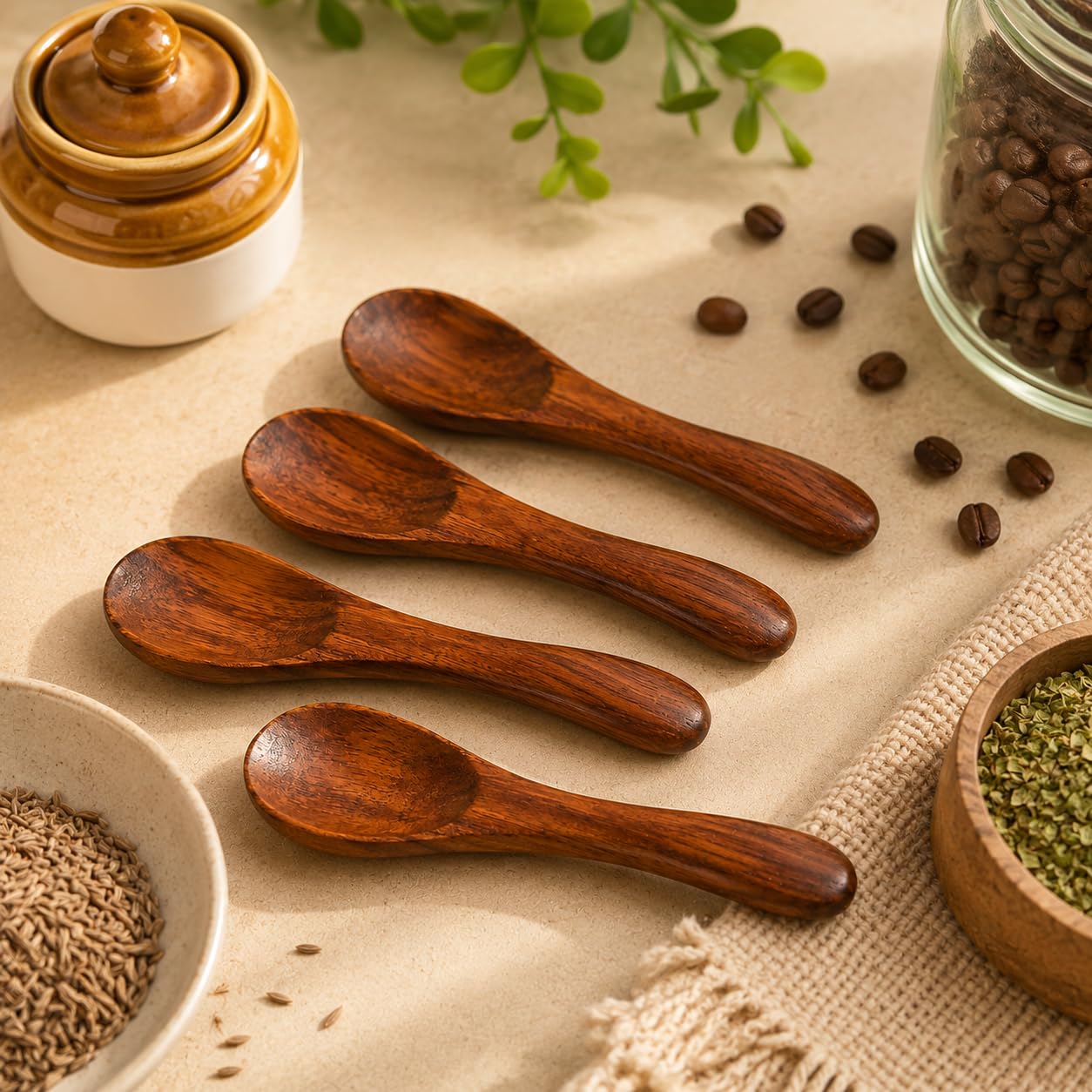 Pure Source India 4 Inch Wooden Masala Spoon for Small Containers, Handmade Wooden Spoon for Tea, Coffee, Sugar, Condiments & Spices