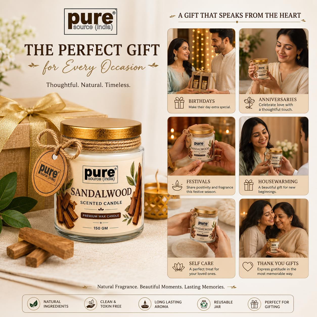 Pure Source India Premium Sandalwood Scented Wax Candle, 150 g | Woody Fragrance | 35–40 Hours Burn Time | Smokeless & Long-Lasting Aromatherapy Candle for Home Decor, Meditation, Diwali, Yoga & Gifting