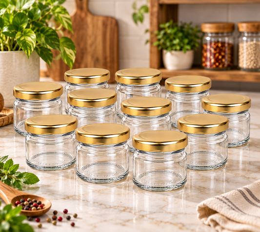 Pure Source India 41 ML Mini Glass Jar with Gold Metal Screw Cap – Small Multipurpose Storage Jar