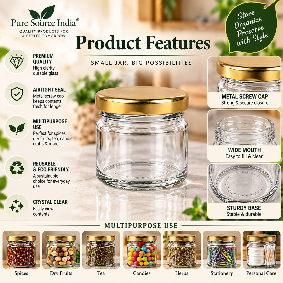 Pure Source India 41 ML Mini Glass Jar with Gold Metal Screw Cap – Small Multipurpose Storage Jar
