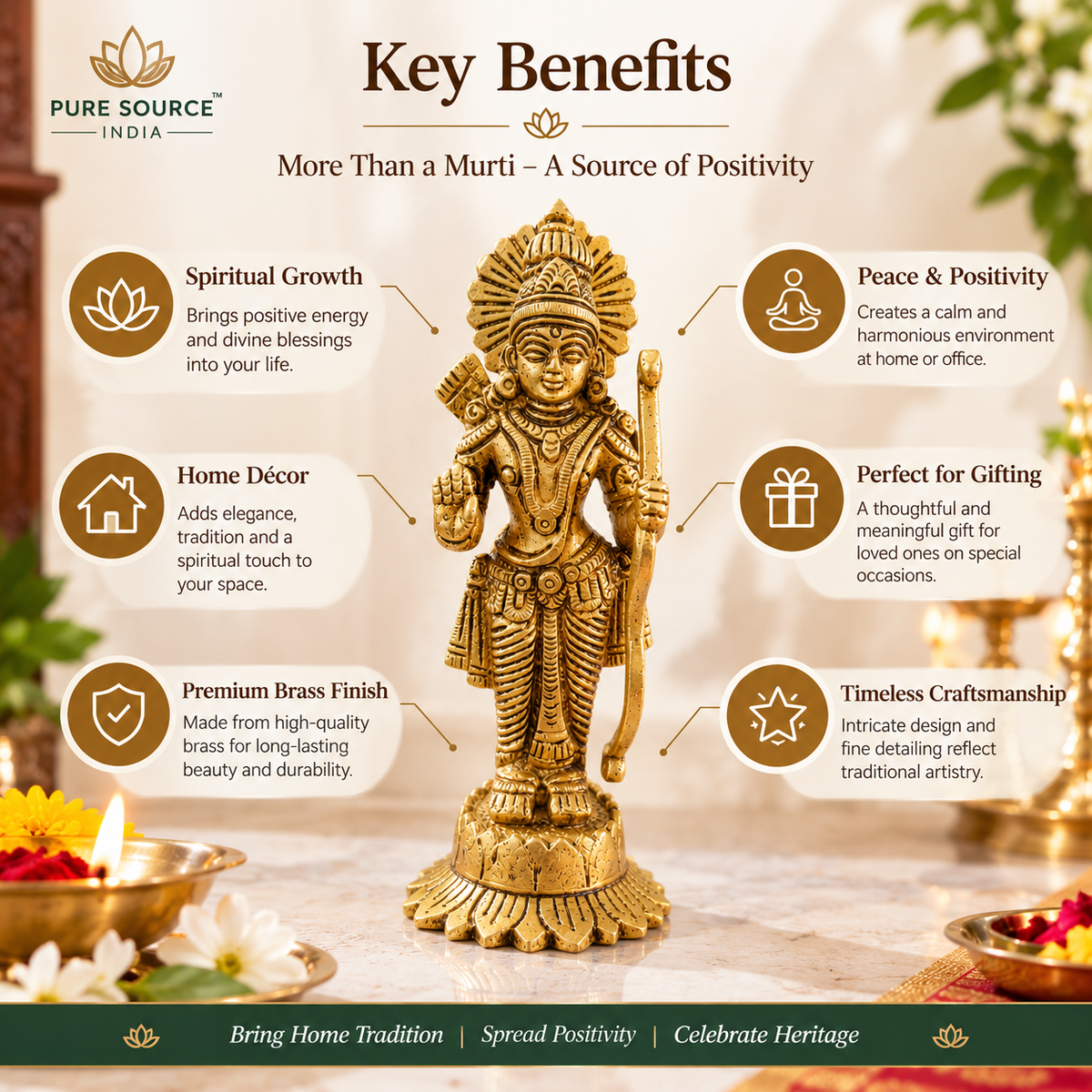 Pure Source India Pure Brass Lord Shree Ram Idol | Ayodhya Ram Murti for Home Decor & Mandir (14 Inch) (494 gm)