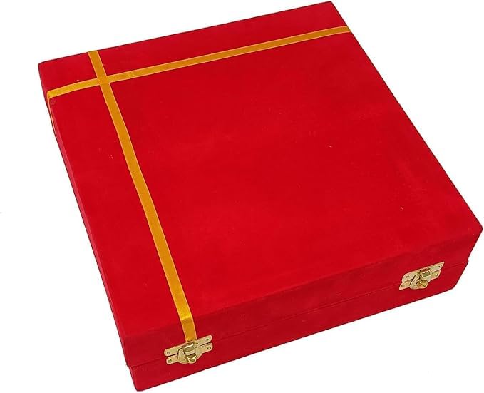 Flower Embossed Colourful Meenakari Decorated Premium Brass Pooja Thali Set with Red Velvet Box, Festival Religious Return Gift Item