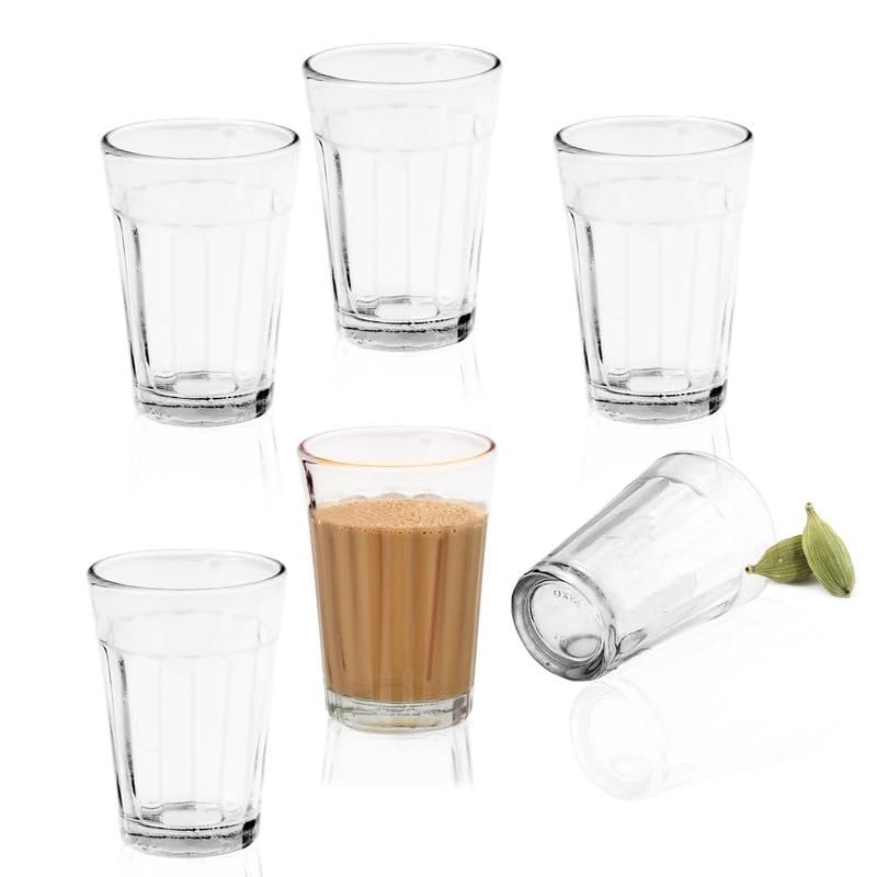 Pure Source India Cutting Chai Glasses with Iron Stand, Set of 6 | 120ml Transparent Tea Glasses for Home, Kitchen, Café, Restaurant & Dhaba | Chai Cups for Serving Tea & Coffee