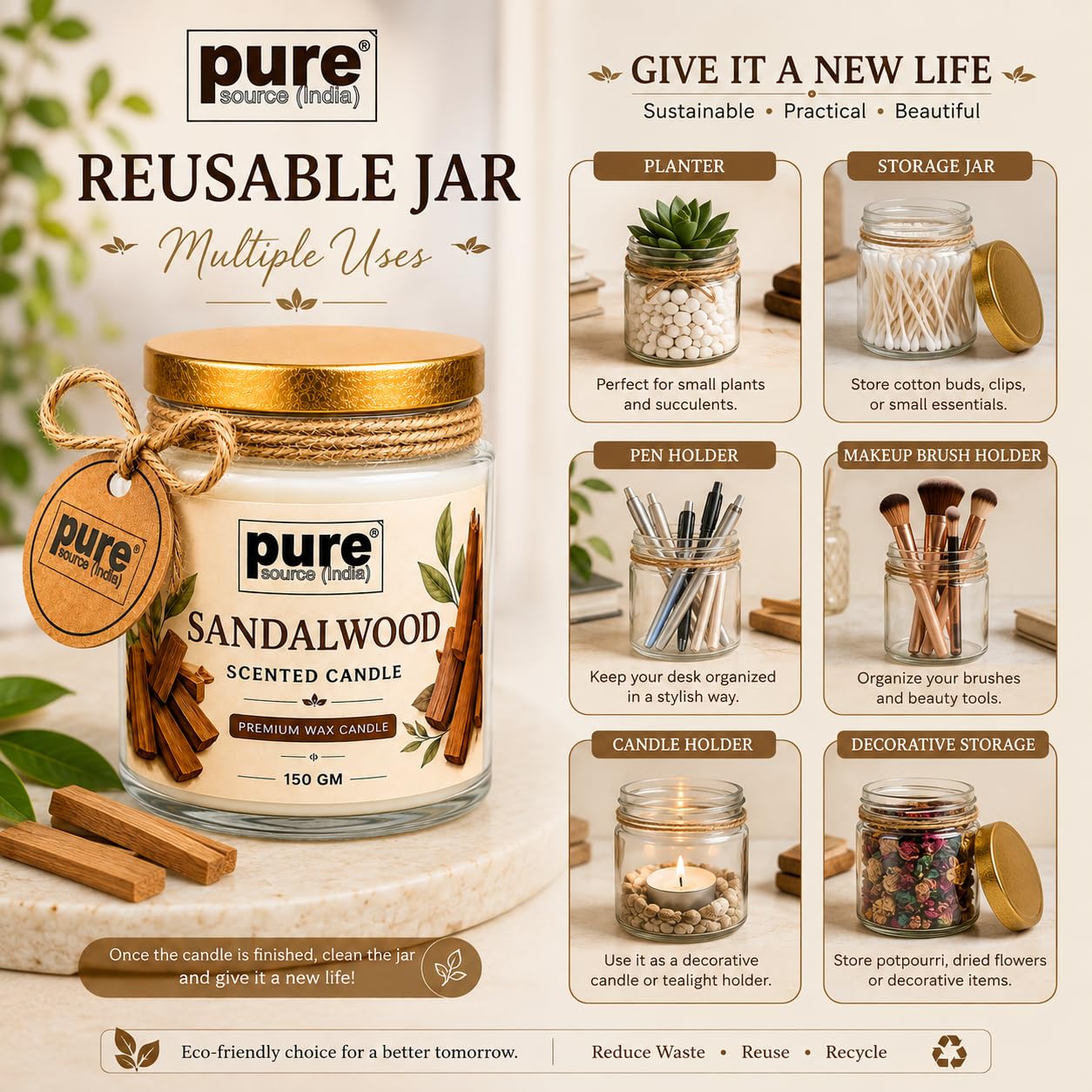 Pure Source India Premium Sandalwood Scented Wax Candle, 150 g | Woody Fragrance | 35–40 Hours Burn Time | Smokeless & Long-Lasting Aromatherapy Candle for Home Decor, Meditation, Diwali, Yoga & Gifting
